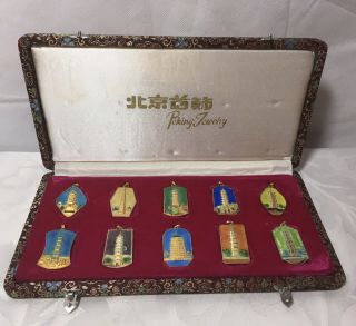 Complete Peking Jewelry 10 Cloisonne Chinese Vintage Pagodas Towers