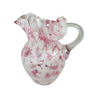 Pink Cranberry White Spatter Swirl Glass Ruffled Crimped Rim Pitcher Vase 9 " Tal