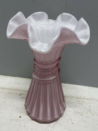 Fenton Glass Wheat Vase Dusty Rose Pink Overlay Ruffled 7 1/2”