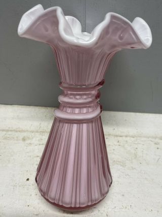 FENTON GLASS Wheat Vase Dusty Rose Pink Overlay Ruffled 7 1/2” 2