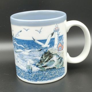 Rare Vintage Otagiri Mug Embossed Stoneware Seagull Lighthouse Ocean Coffee Tea