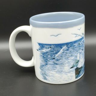 RARE Vintage Otagiri Mug Embossed Stoneware Seagull Lighthouse Ocean Coffee Tea 3