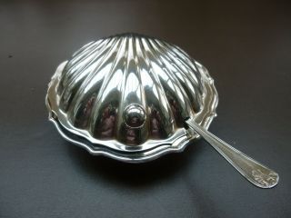 Vintage Silver Plate Oyster Shell With Glass Liner And Fish Knife.