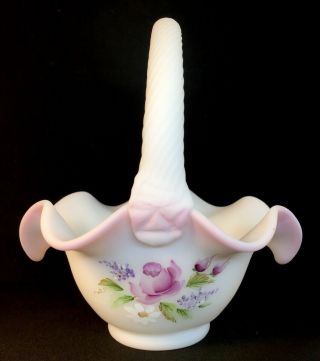 Fenton Art Glass Hand Painted Lilacs And Roses Milk Satin Basket
