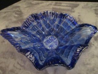 Cobalt Blue To Clear Murano Style Stunning Ruffled Oval Center Piece Bowl 16 "