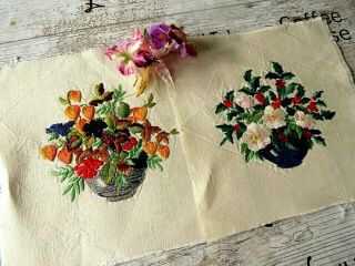 Vintage Hand Embroidered Picture Panels X 2 - Flower Posies