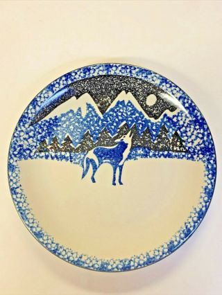 Tienshan Folk Craft Wolf 10.  5 " Dinner Plates.  Blue,  Black,  Stoneware Sponge