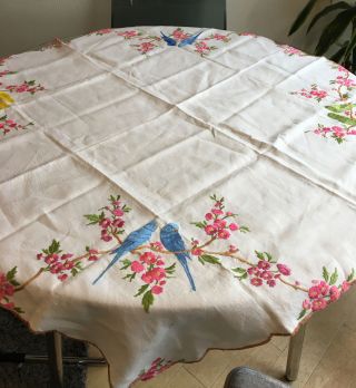 Vintage Hand Embroidered Tablecloth/ Sweet Little Birds Perched On Flowers 42”
