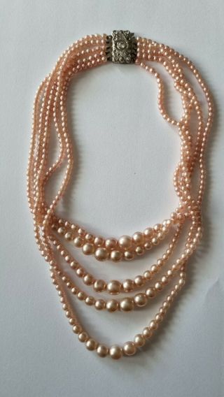 Vintage Art Deco Glass Pink Pearl 3 Strand Necklace With Cabachon Clasp