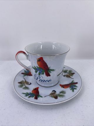 Bird Tea Cup And Saucer Set Cardinal Chickadee Titmouse Peace Family Cherish