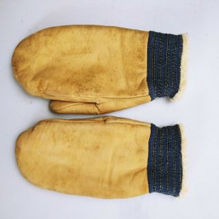 Vintage Leather Buckskin Gloves Mittens Lined Warm