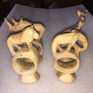 Vintage Hand Carved African Safari Animal Wooden Napkin Holder Rings Set Of 4