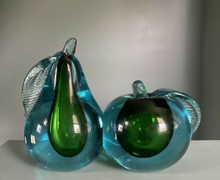 Murano Italian Sommerso Glass Pear Apple Paperweights Bookends Murano Sculptures
