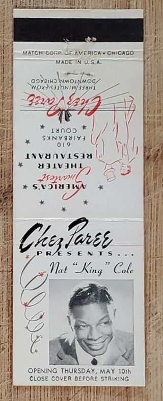 Vintage Matchbook Chez Paree Theatre Restaurant Chicago Nat King Cole 1955