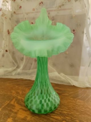 Early Fenton Art Glass Jack In The Pulpit Tulip Dot Optic Green Vase