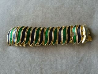 Vintage Jewellery Modern Gold Tone Green Black Enamel Link Bracelet