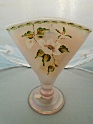 Fenton Pink Carnival Glass Hand Painted " Hummingbird " Fan Vase