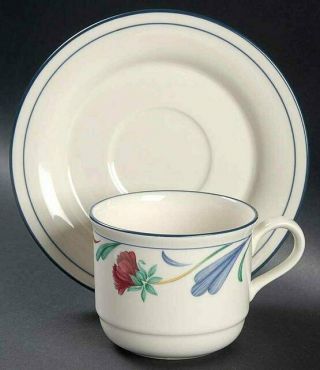 " Poppies On Blue " By Lenox Chinastone Flat Cups And Saucers (2)