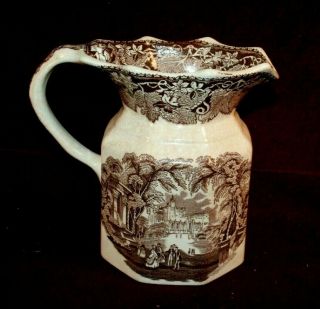Wonderful Large Brown Transferware Pitcher In The Vista Pattern Made By Masons