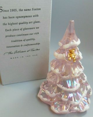Fenton Pink Iridescent Christmas Tree Flocked Snow & Gold Bear W/box 6 - 1/4 "