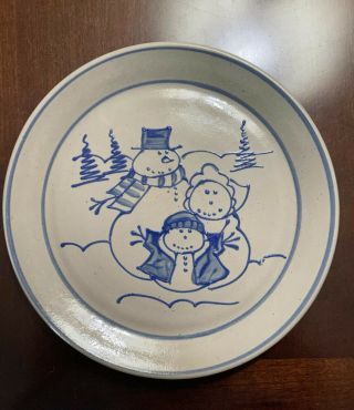 Vtg Beaumont Brothers Pottery Bbp Blue Salt Glaze 9 " Snowman Family Plate 1998