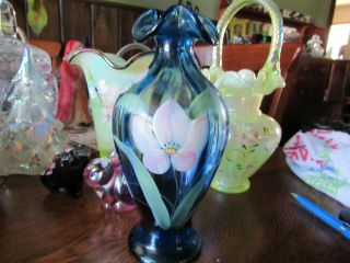 Fenton Hand Painted Blue Vase With White Flowers