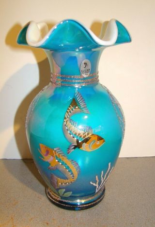 Fenton Designer Showcase Turquoise Overlay Vase W/ Hand Painted Fish & Seahorse