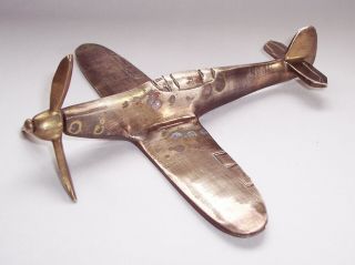 Vintage Trench Art Style Brass Spitfire Aeroplane Model Ornament - Raf