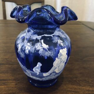 Fenton Glass Cobalt Blue Mary Gregory Vase Girl Signed 834 & Sticker