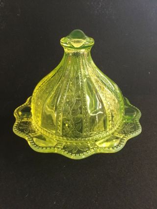 Vaseline Glass Holly Berry Butter/candy Dish Westmoreland Glass Company
