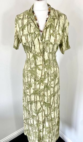 Vtg Bahama Beach Green Floral Tropical Palm Tree Floral Shirt Dress - 12 14