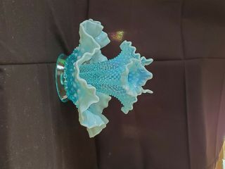 Vintage Fenton Blue Opalescent Hobnail Miniature Epergne Bowel 3 Lily Horn Vase