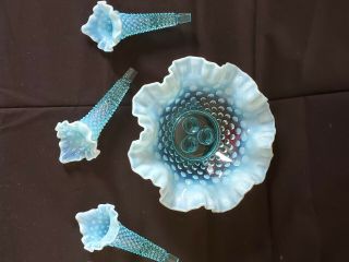vintage fenton blue opalescent hobnail miniature epergne bowel 3 lily horn vase 2
