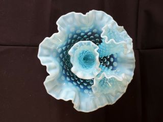 vintage fenton blue opalescent hobnail miniature epergne bowel 3 lily horn vase 3