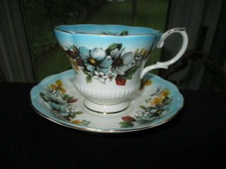 Cup Saucer Royal Albert Reflection Blue Anemone Sprays Topaz Blue Coloring