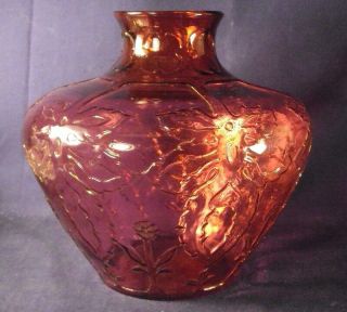 Dugan Glass Filigree Big Leaf And Little Flower 7 " Vase Ruby Cranberry Glass L