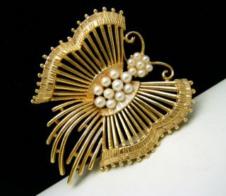 Vintage Lisner Butterfly Brooch Faux Pearls Gold Tone Open Work