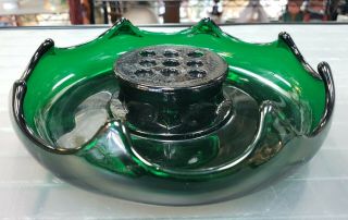 Circa 1940 Emerald Green Glass Console Bowl With Flower Frog