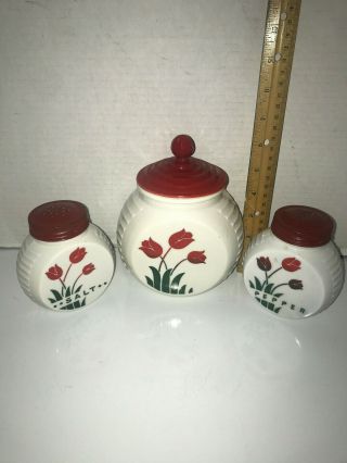 Hocking King Vitrock Range Set Red Tulip Salt & Pepper Lidded Drippings Jar