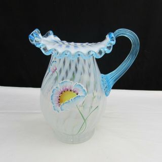Fenton French Opalescent Spiral Optic Poppy Aqua Crest Hand Painted Pitcher W83