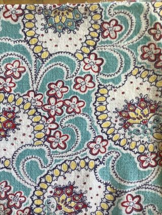 Vintage Full Feed Sack Red White Flowers Circles Of Yellow On Aqua