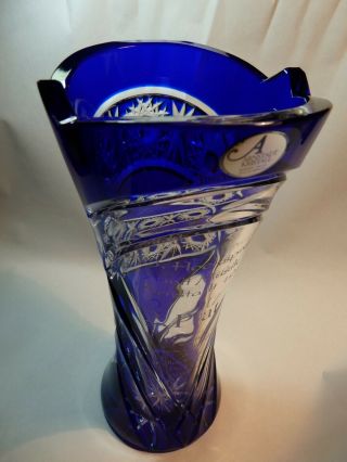 Arnstadt - Vintage Cobalt Blue Cut To Clear Crystal Vase 10  X 5  / From 1999
