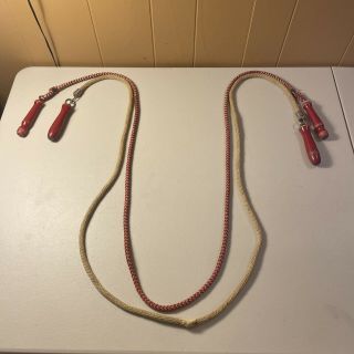 Vintage Jump Ropes Red Wooden Handles Woven Cotton 1950s - 1960s