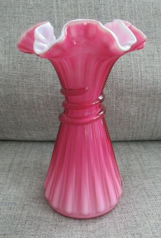 Fenton Glass Cranberry Pink Overlay Milk Glass 7 " Ruffled Wheat Vase -