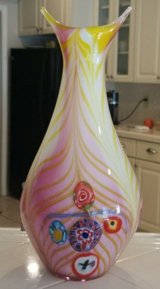 Huge Murano Millefiori Pulled Feather Multi Color Colorful Vase Fratelli Toso