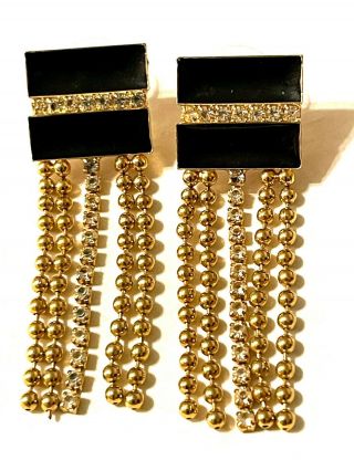 Vintage Art Deco Black Enamel Rhinestone Gold Tone Dangle Stud Earrings 2”