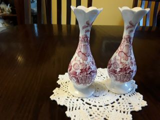 2 Charlotte Royal Crownford Ironstone England Vases Red Rose Pink Cream