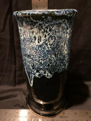Hand Made Studio Art Pottery Vase Blue White Drip Glaze On Black