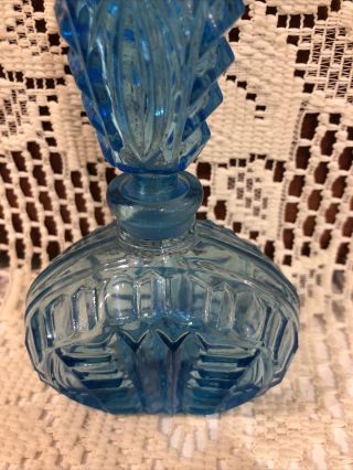 Vintage Perfume Bottle Ice Blue Glass Art Deco With Stopper 3
