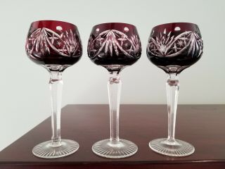 Vintage Czech Bohemian Cut To Clear Crystal Cranberry Red Wine Hock Goblet Set 3